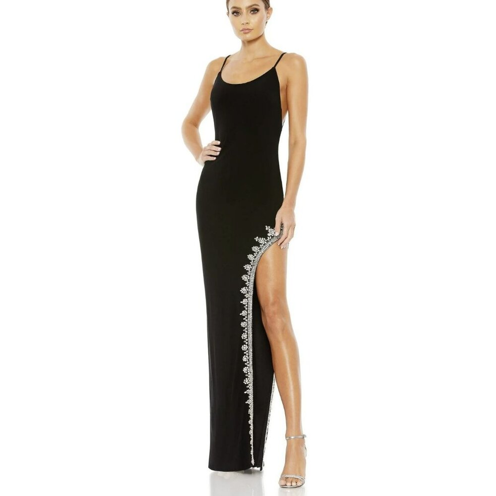 Mac Duggal Rhinestone Embellished Black Formal Maxi Dress Gown NWT Sz 10